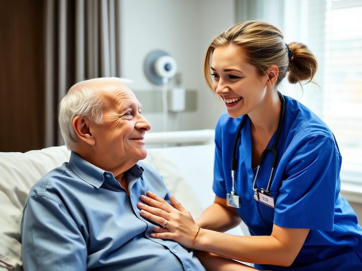 Enfermeira sorrindo com um idoso em ambiente hospitalar